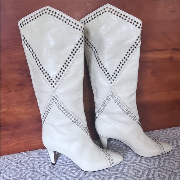 ISABEL MARANT “Lahia” White Eyelet Leather Calf High Heeled Boots Size 7 - Picture 4 of 11